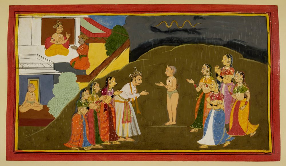 Painting of King Romapada welcoming the sage Rishyashringa as rain falls