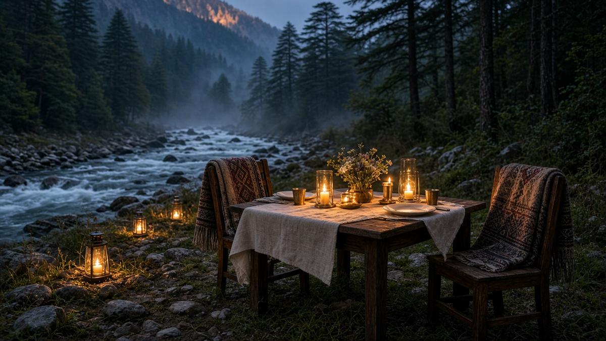 Illustration: a candlelit table for two beside a Himalayan river at dusk